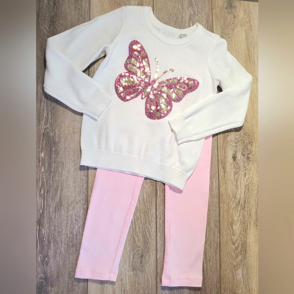 White and pink long sleeve butterfly bling sweater and leggings Set Size 4T